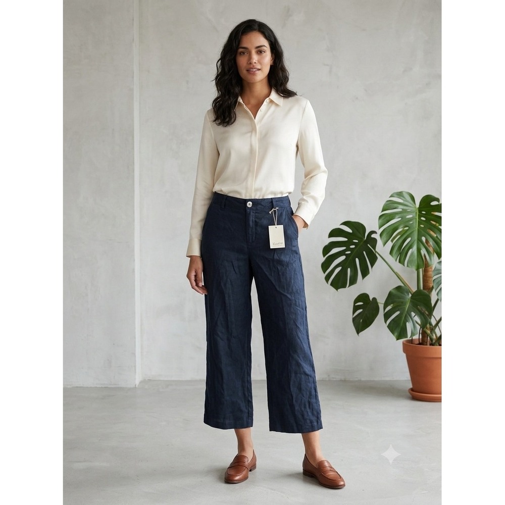 Level 99 Anthropologie Navy Marin Linen Blend Wide Leg Crop Pants 28 NWT